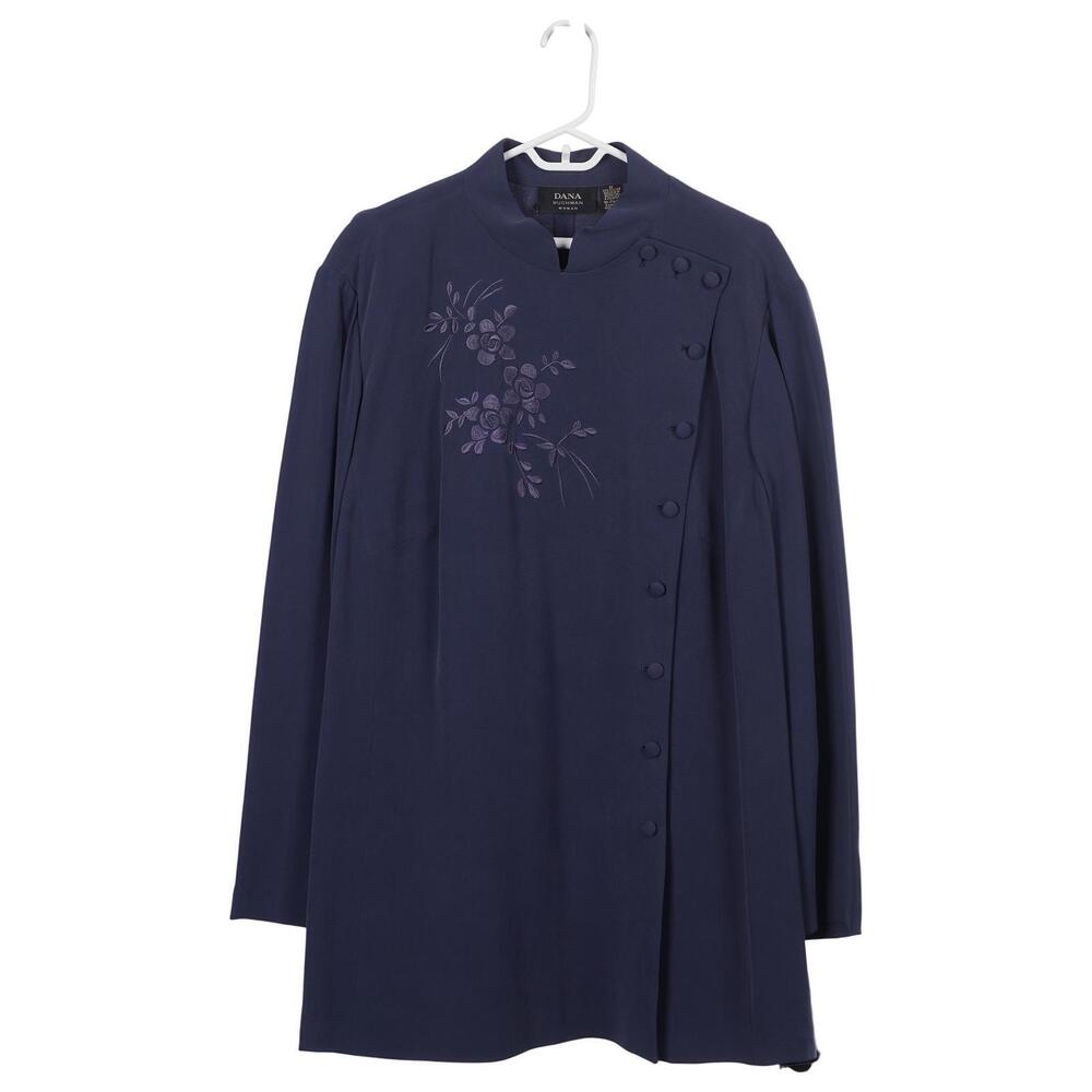 NWT Dana Buchman Tunic Top 22 Dusty Blue Silk Embroidered Mandarin Collar Button